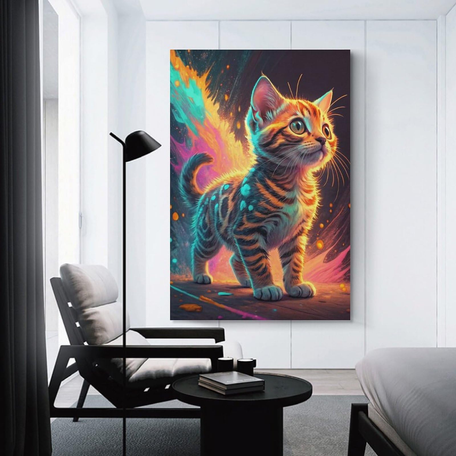 Junmoney Kitten with Fiery Aura Canvas Wall Picture 24x36inch(60x90cm), for Living Spaces, Bedrooms Or Relaxed Rooms, Modern Wall Decor for Cosy Interiors