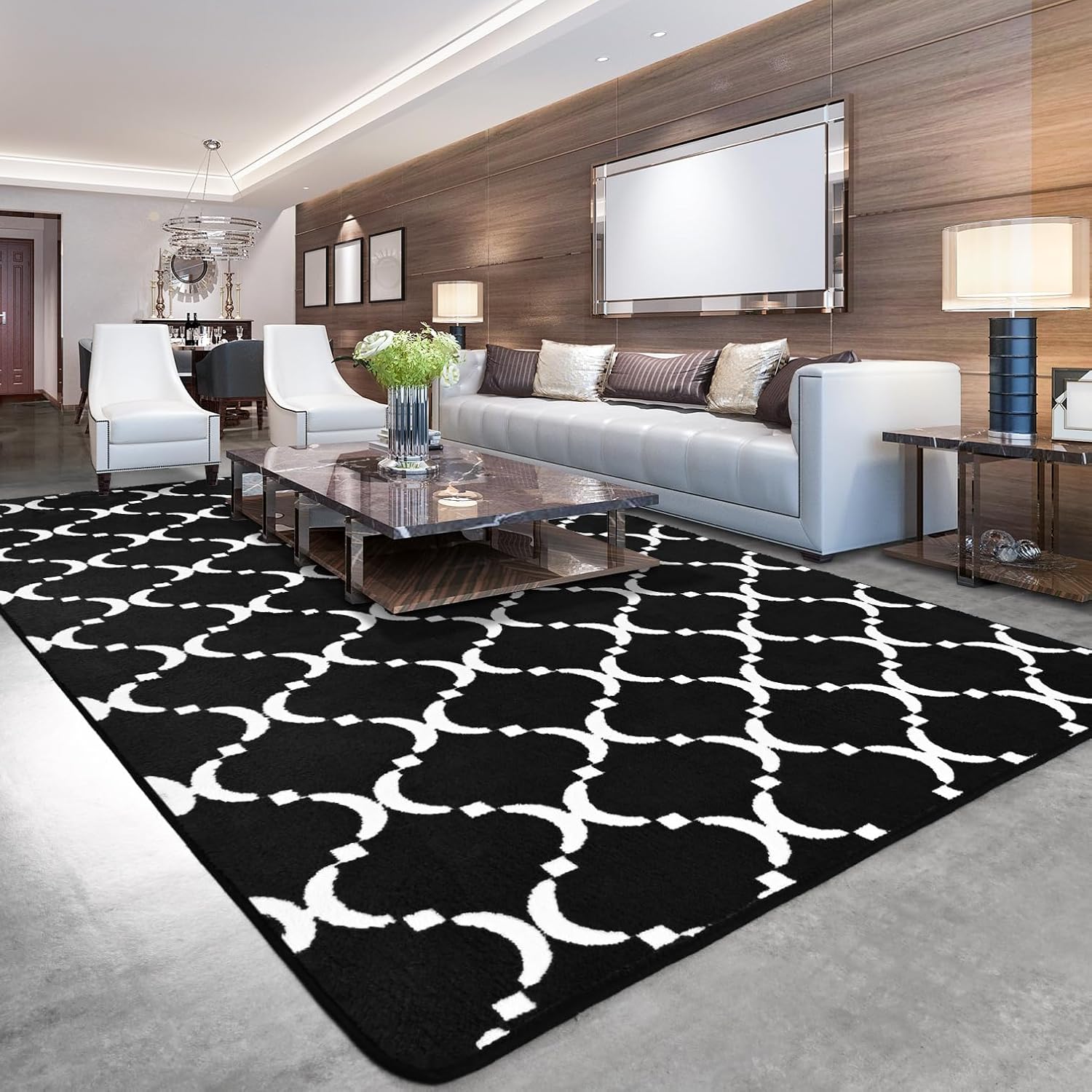 Comeet Modern Geometric Shag Area Rug for Bedroom, 5'x8' Memory Foam Floor Mat Washable Non-Slip Rug, Indoor Carpet for Living Room, Bedside, Office, Kids Nursery Dorm, Room Decor Black/White