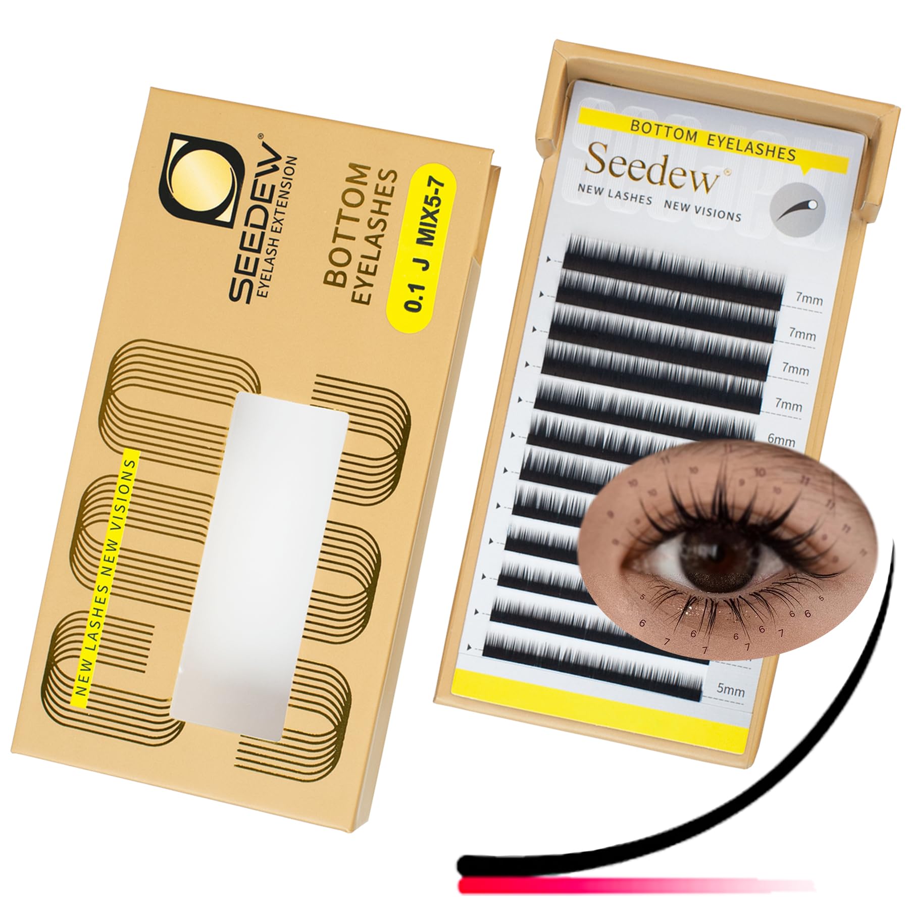SEEDEW Bottom Lash Extensions, MIX5-7mm J Curl 0.10mm 12 Rows/Tray