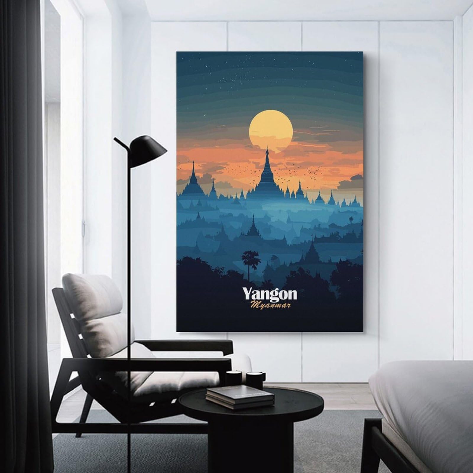 Junmoney Yangon Skyline Sunset Wall Picture Print, 20x30inch(50x75cm), for Gallery Wall Decor And Room Displays, A Versatile Canvas Print for Layering