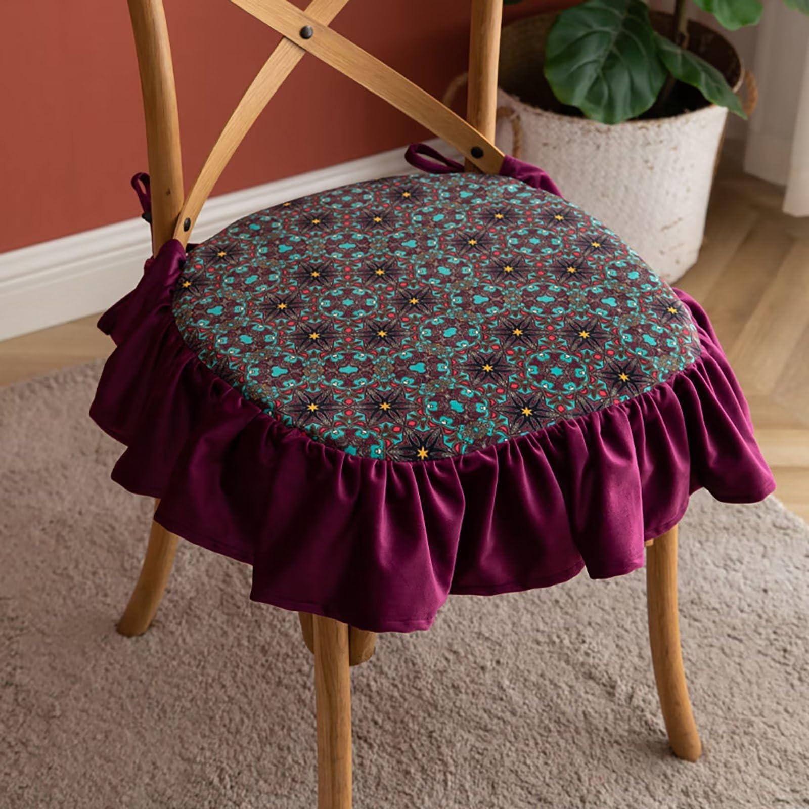 Cojines para sillas de comedor con faldón, almohadillas para sillas de comedor, paquete de 6 con lazos, cojín de asiento de 45 x 45 para sillas de cocina, funda lavable y extraíble, color morado