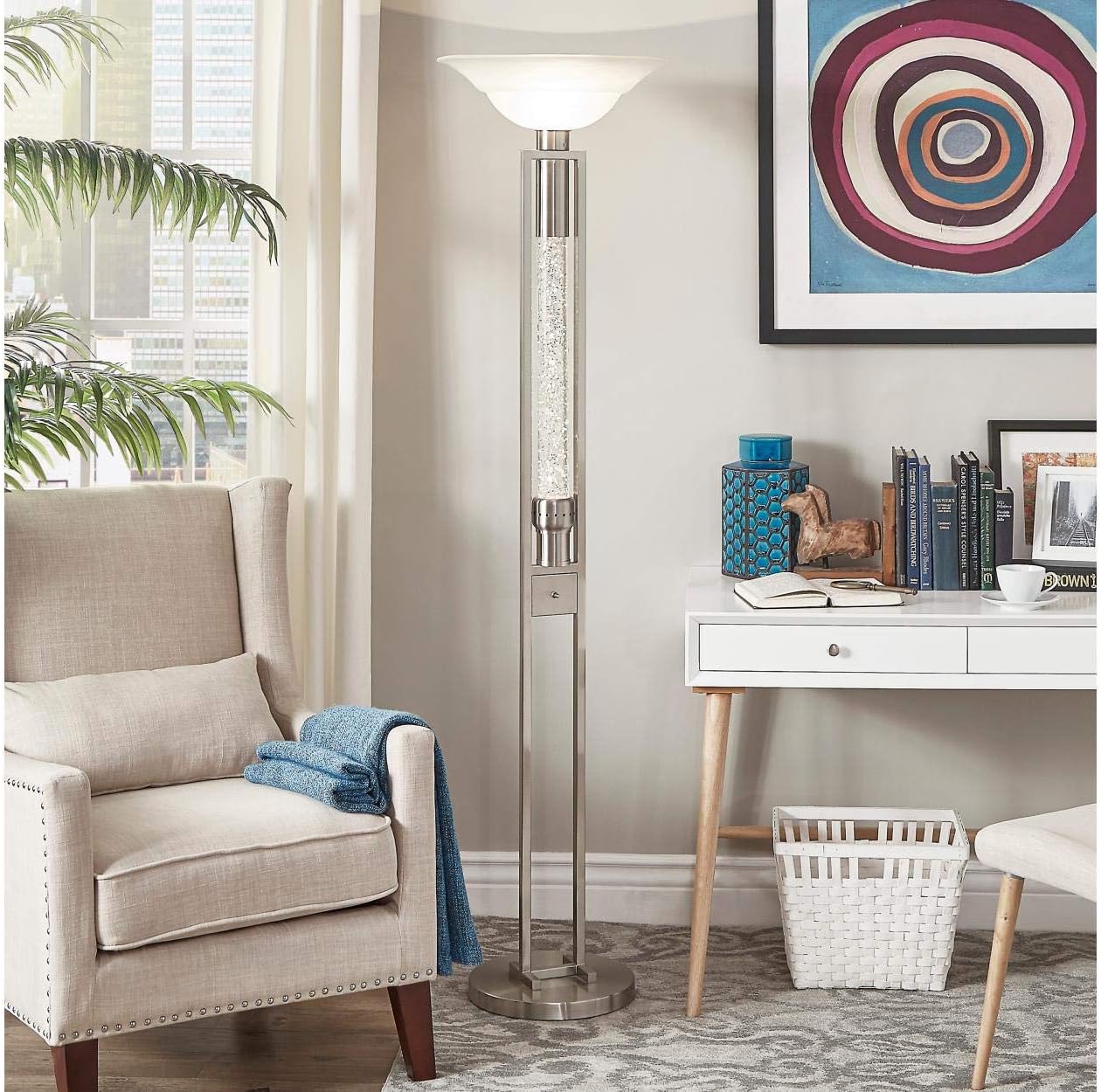 Homelegance Satin Nickel Metal Floor lamp with Long Cylinder Column Sparkling Decorative Water-Drop Dancing Water Accent Light with Glass lamp Shade