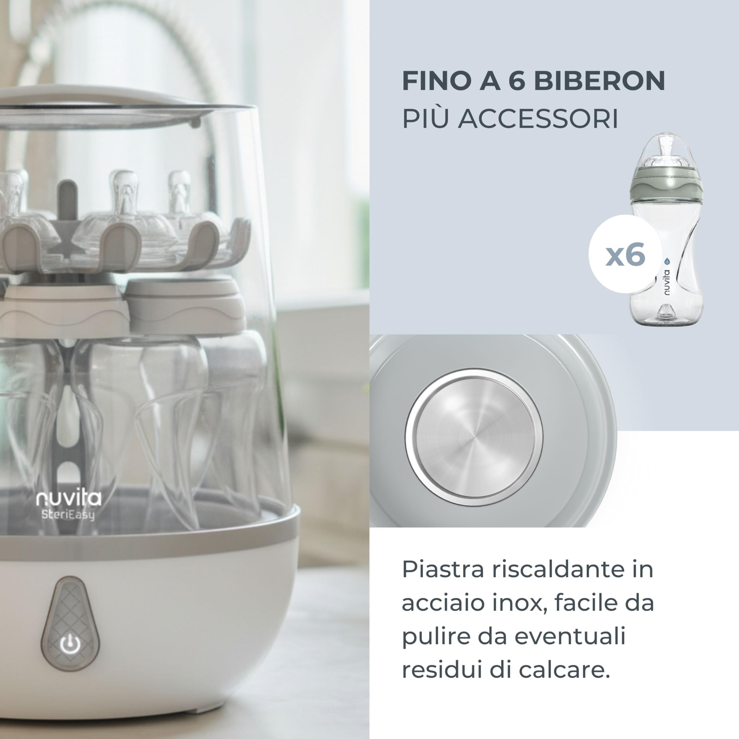Nuvita STERIEASY 1083 - Sterilizzatore Biberon Elettrico a Vapore - Fino a 6 biberon in soli 6min - Piastra Riscaldante Acciaio Inox Facile da Pulire- Senza BPA - Design italiano