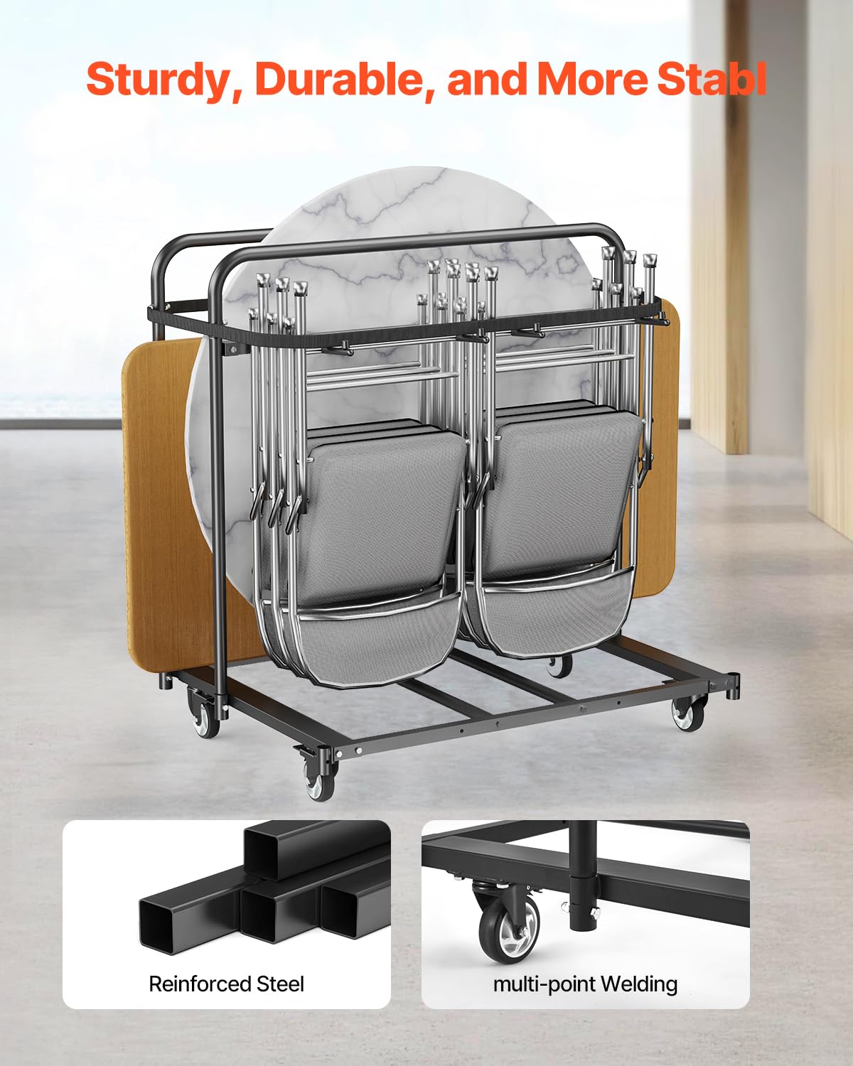 VEVOR Stuhlkarre, Klappstuhlwagen, 180 kg, für 5 Tische + 14 Stühle, Stuhlaufbewahrungswagen mit Stuhlhalter mit Lenkrollen & Feststellrädern, für Partyveranstaltungen, Hotels, Mattschwarz
