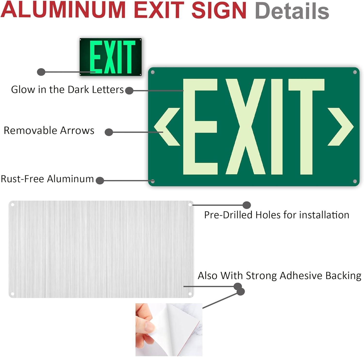 2Pack Photoluminescent Exit Sign Aluminum Green- Glow In The Dark Exit Sign 14.25 x 7.5 Inches with Adhesive Backing - Removable Arrows Included - Non Electrical Red Exit Light For 50 Feet Visibility