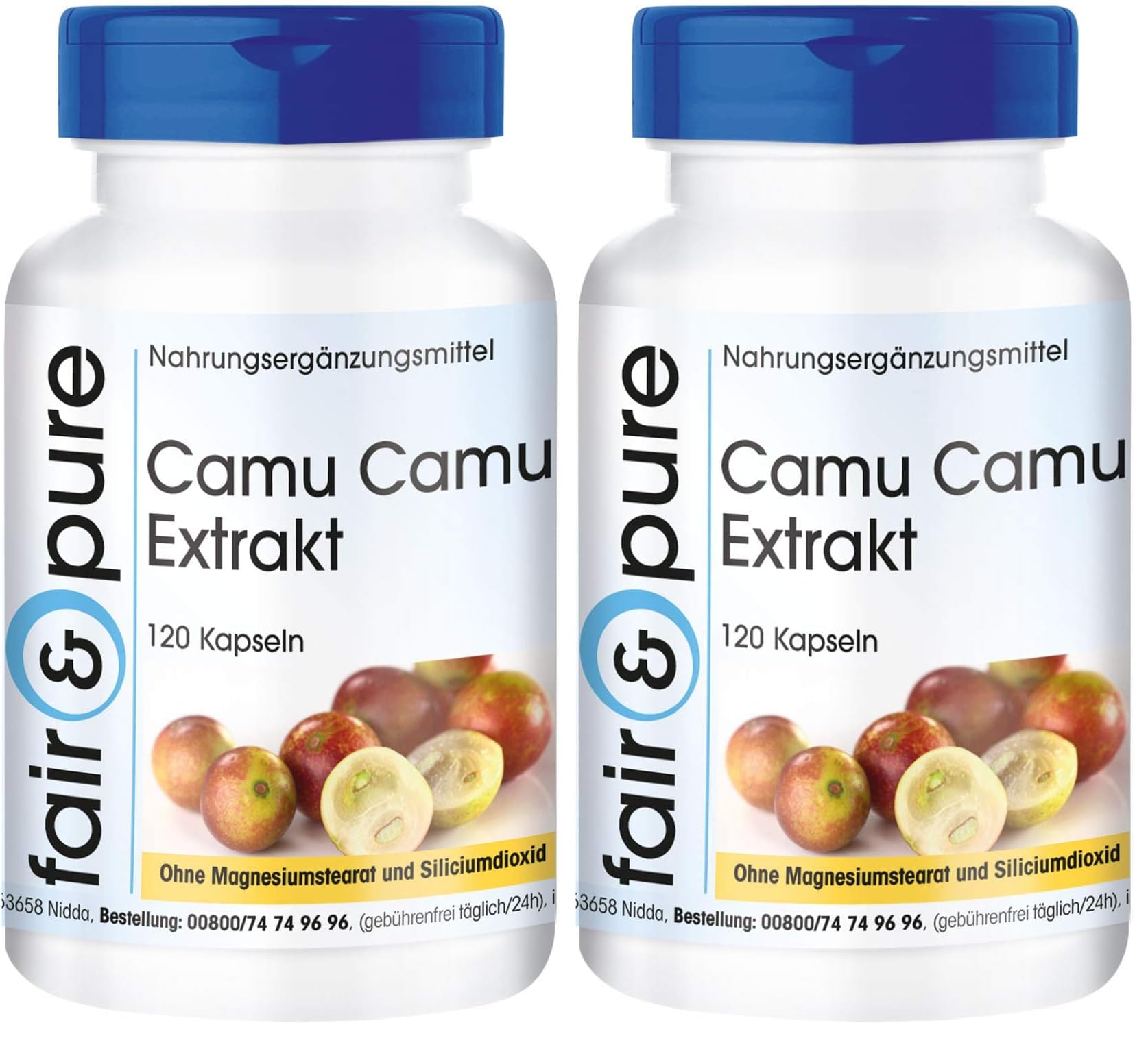 Fair & Pure Camu Camu Extrakt, 120 Kapseln, natürliches Vitamin C, hochdosiert, Nahrungsergänzungsmittel vegan ohne Magnesiumstearat, in Deutschland hergestellt (Packung mit 2)