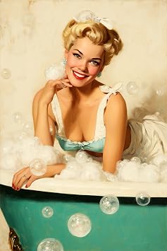 Fine Vintage Poster Pin-Up Pretty Blond Girl in Bubble Bath Old Hollywood charm and retro aesthetic of the 1940s and 1950s sweetness, sexiness, and innocence 20" X 30" Image Size Repro on Matte Paper