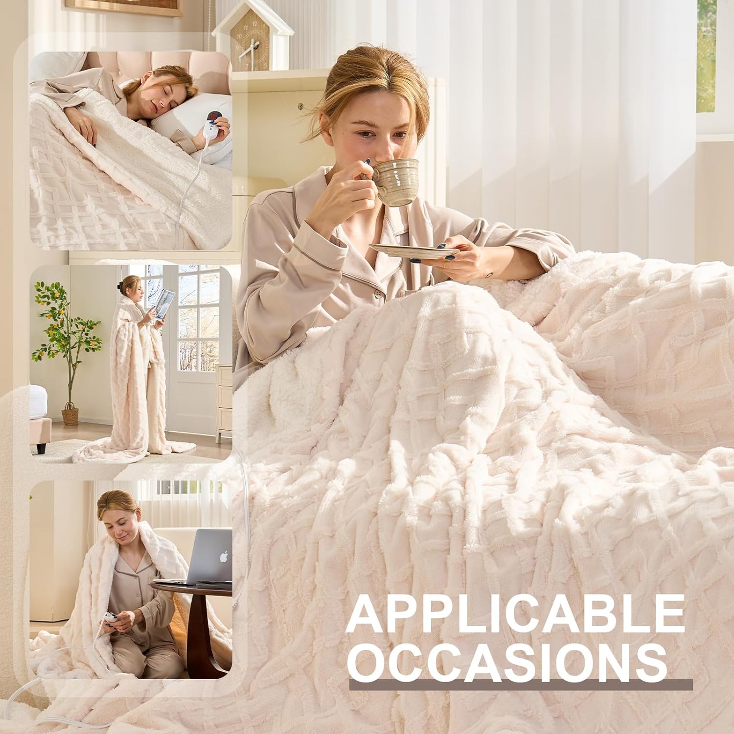 Heated Blanket King Size, Dual Control,Soft Faux Rabbit Fur Electric Blanket 90"x 100" with Overheat Protection, 6 Heating Levels & 10H Auto Off, ETL Certification(Cream) - Image 6