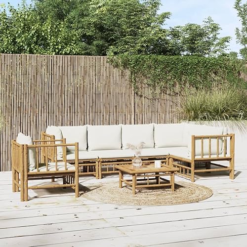 Miniatura 41 de 5 Piece Bamboo Garden Lounge Set Outdoor Patio Furniture with Beige Cushions, Natural Bamboo Rectangular Seating Set for Backyard, Porch, and
