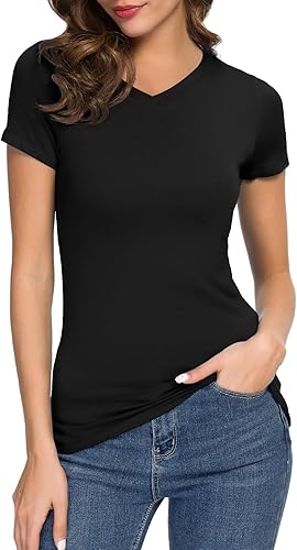 Urban CoCo Camiseta básica casual para mujer, ajustada, manga corta, cuello en V, ajustada