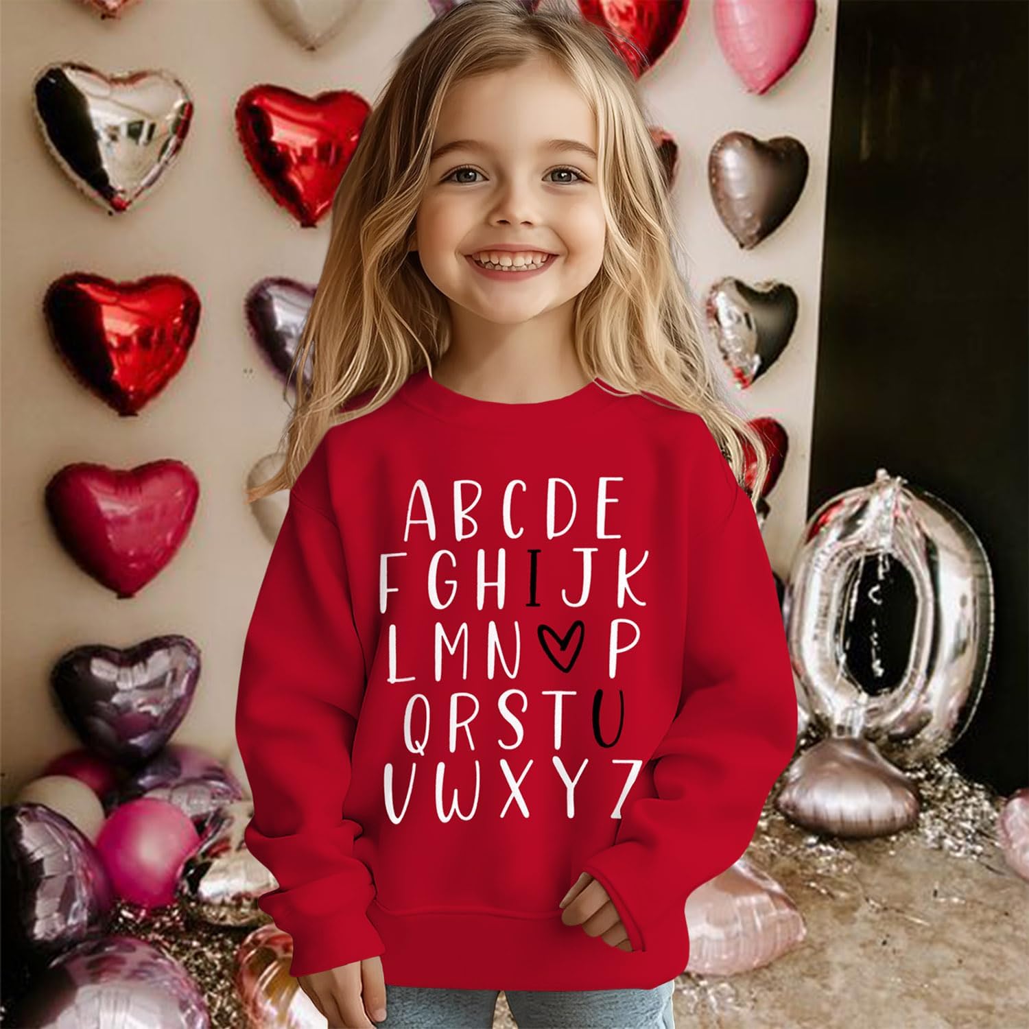 Toddler Baby Girls Valentines Sweatshirt ABC I Love U Heart Print Sweatshirt Crewneck Long Sleeve Pullover Tops - Image 3