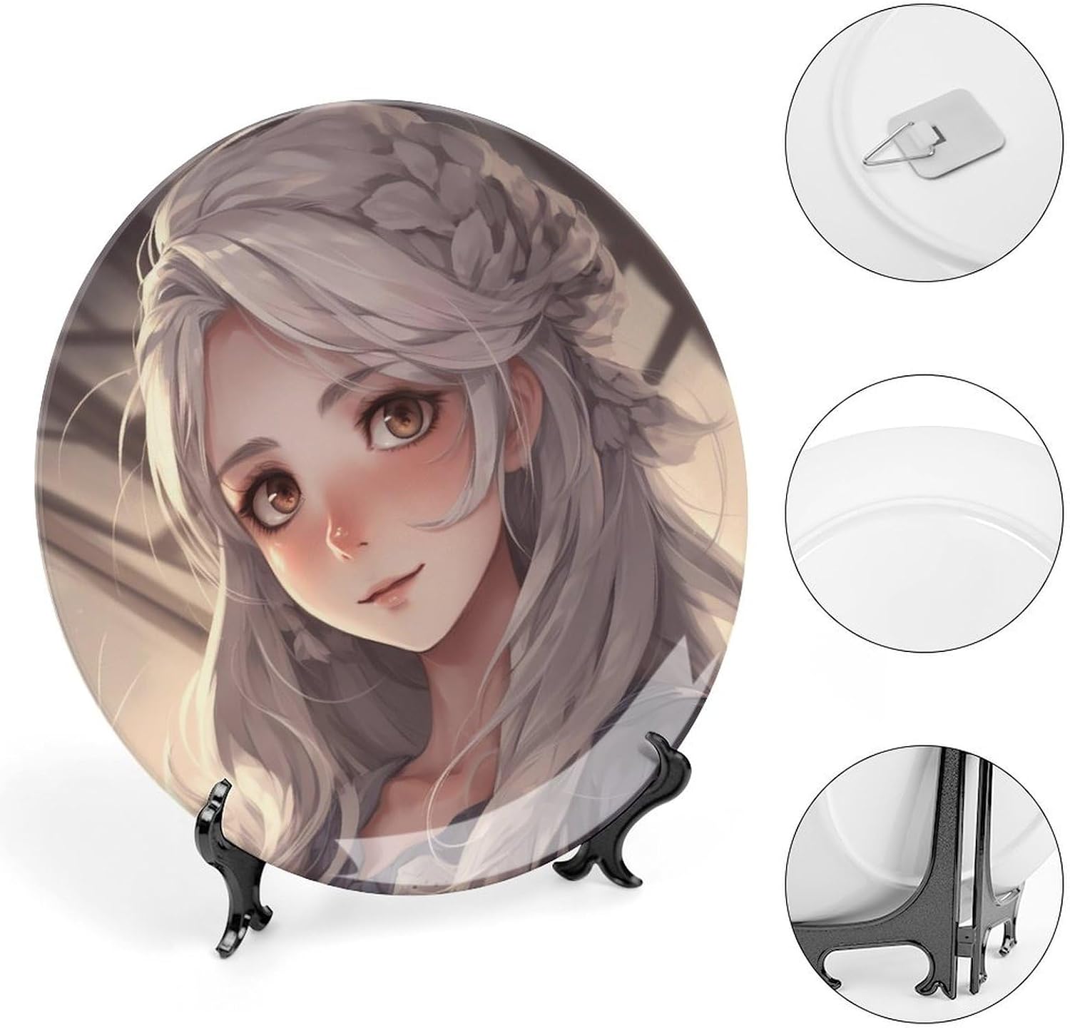 White Hair Anime Girl Bone China Decorative Plate for Art Crafts, Chinese Style Decorative Dish with Stand, Hanging Ceramic Plates Ornaments 7inch for Home, Office, Wall Decor image 4