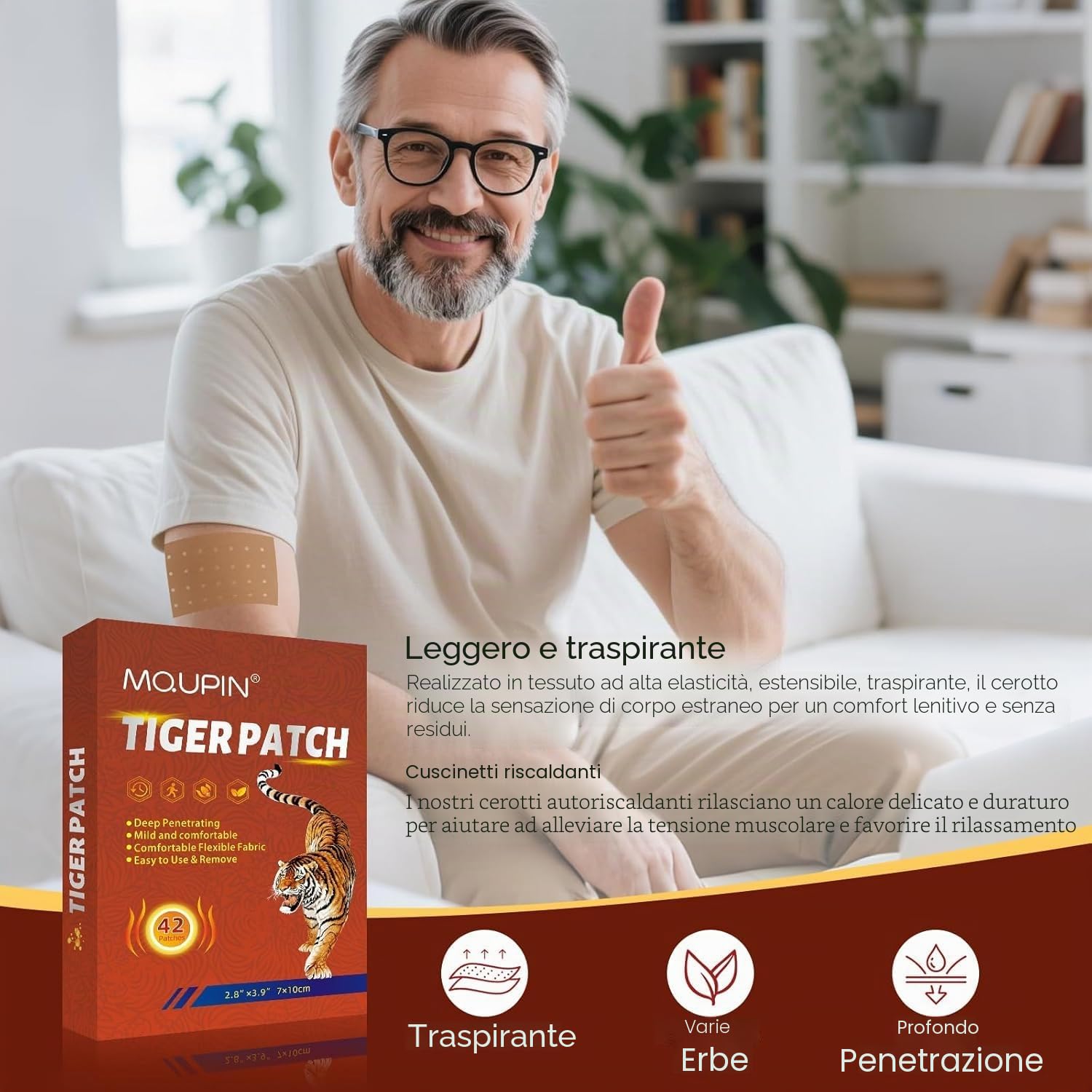 MQUPIN Pain Relief Patches, 42 Cerotti Ginocchio Impacchi di calore naturale a base di erbe per alleviare il dolore alla schiena, al ginocchio, al collo e alla spalla, 12 ore di lunga durata