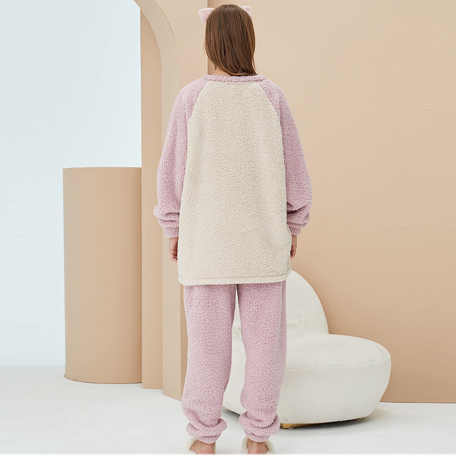 CMBSSTFC Warmer Flanell-Pyjama für Damen, kuschelig Warmer Damen-Pyjama, Winter-Pyjamahose + Langarm-Pullover, kuscheliger Anzug, Zweiteiliger Fleece-Pyjama, Flauschiger Hausanzug für Mädchen