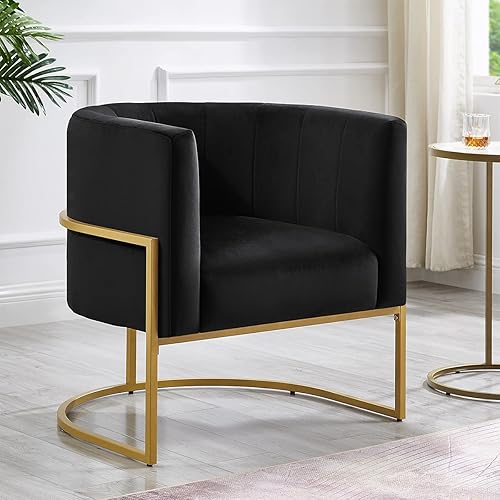 24KF Sillas tapizadas para sala de estar, silla moderna de terciopelo texturizado negro con soporte de metal dorado, color negro