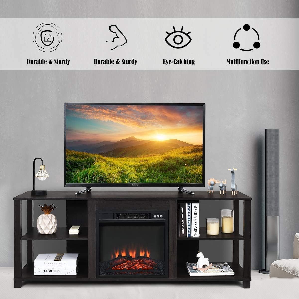 Moccha 2-Tier Wood Fireplace TV Stand, Multipurpose Media Console Center for TV Up to 65", Home Living Room Television Stand with Open Shelves for 18" x 17" Electric Fireplace (not Included)