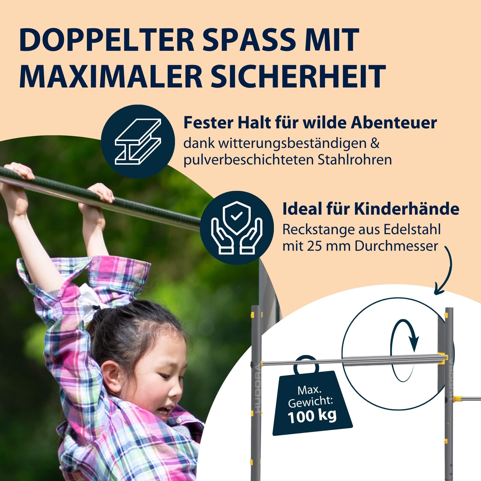 HUDORA Turnreck Fabian Standard/Pro - einfache/doppelte Turnstange für Kinder & Erwachsene - 4-fach höhenverstellbare Gymnastikstange - belastbare Outdoor-Fitnessstange für bis zu 100kg