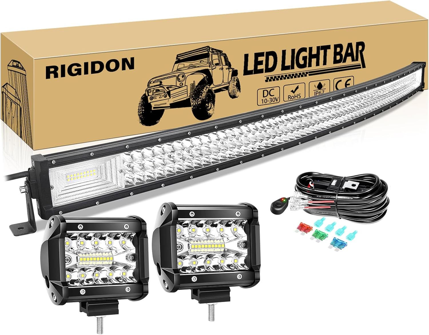 RIGIDON 42 Inch 540W Curved LED Light Bar Triple Row Flood Spot Combo 2PCS 4Inch 60W LED Fog Light Waterproof with Work Light Wire Harness Kit for Driving Boat Off Road ATV UTV Truck