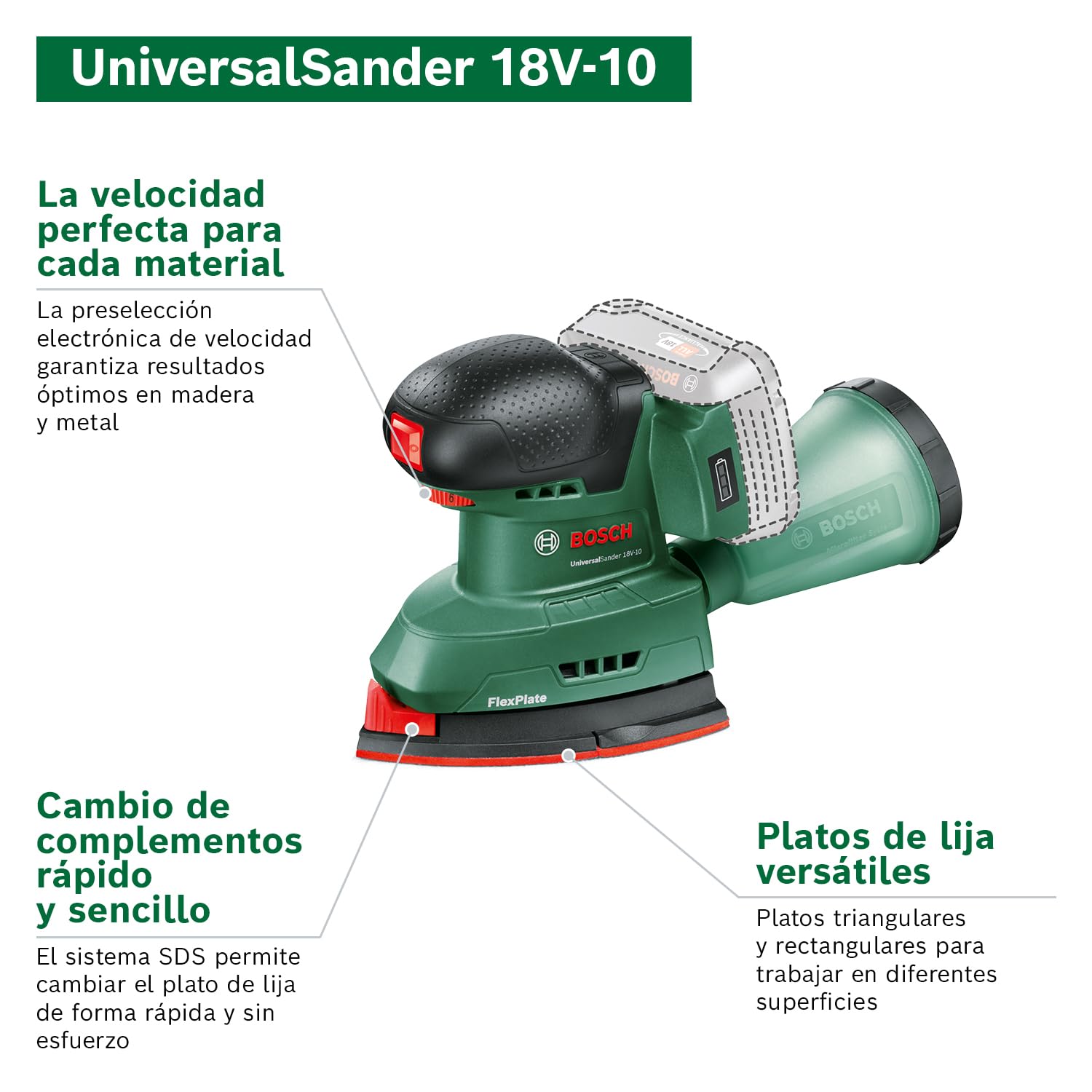 Bosch lijadora a batería UniversalSander 18V-10 (sin batería; sistema de 18 voltios; para bricolaje en madera; con 32 papeles de lija; en embalaje de cartón) – Edición para Amazon