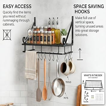 Wall Mounted Pot Rack Storage Shelf, Pot Hangers for Kitchen Pan Organizer With 10 Hooks And Accessories Pot And Pan Hanging Rack for Wookware And Other Utensils (45CM)