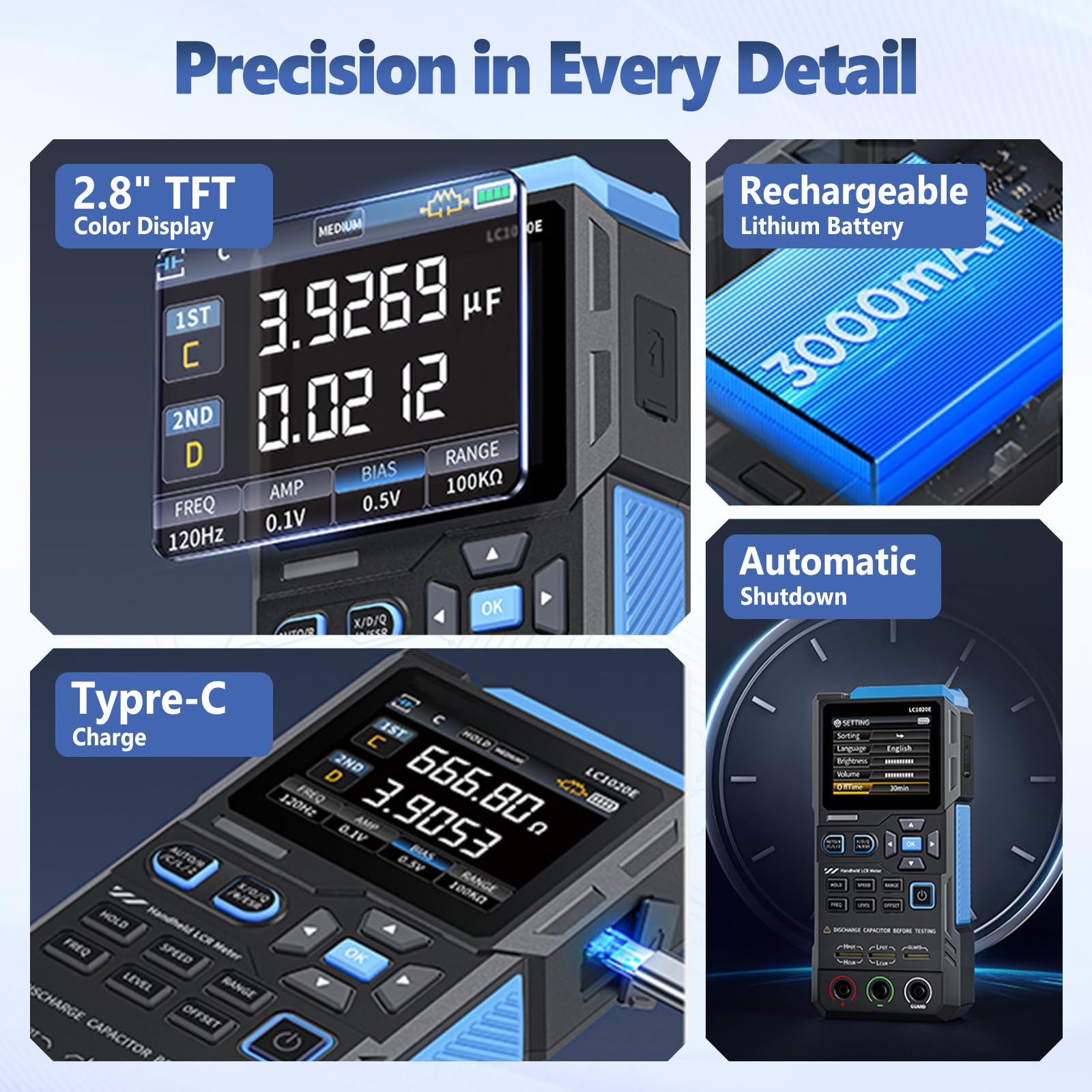 LCR Messgerät 100Hz-100kHz, LC1020E Hochpräzises digitales Brücken-LCR-ESR-Messgerät, 2,8-Zoll tragbares digitales TFT-ESR LCR Meter, misst ESR/Q/D/θ/X, Anzeige von zwei Parametern