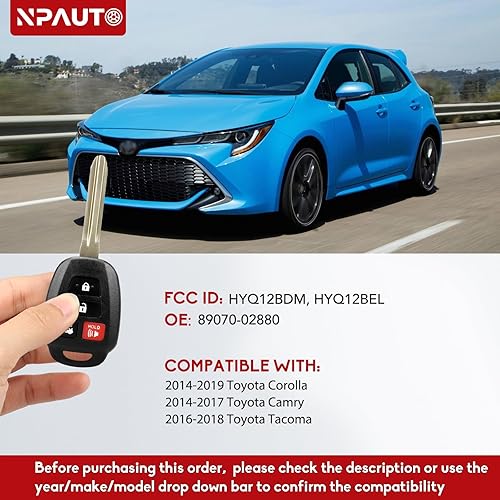 Miniatura 2 de NPAUTO Llavero de repuesto para Toyota Corolla 2014 2015 2016 2017 2018 2019, Toyota Camry 2014-2017, Toyota Tacoma 2016-2018, llavero de automóvil