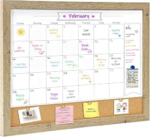 Dry Erase Calendar Whiteboard for Wall, Small Combination Magnetic Dry Erase White Board & Bulletin Board, 13" x 17" Rustic Brown Frame Calendar/Cork Combo Board(RB-3343)