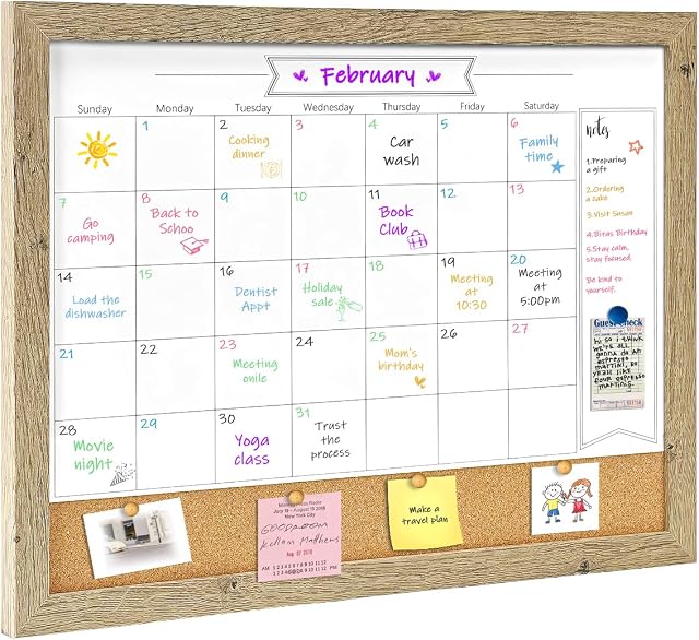 Tableau blanc pour le calendrier d'effacement à sec pour le mur, petit tableau blanc à effacement magnétique combiné & Tableau d'affichage, 13" x 17" Calendrier de cadre brun rustique / Cork Combo Board(RB-3343)