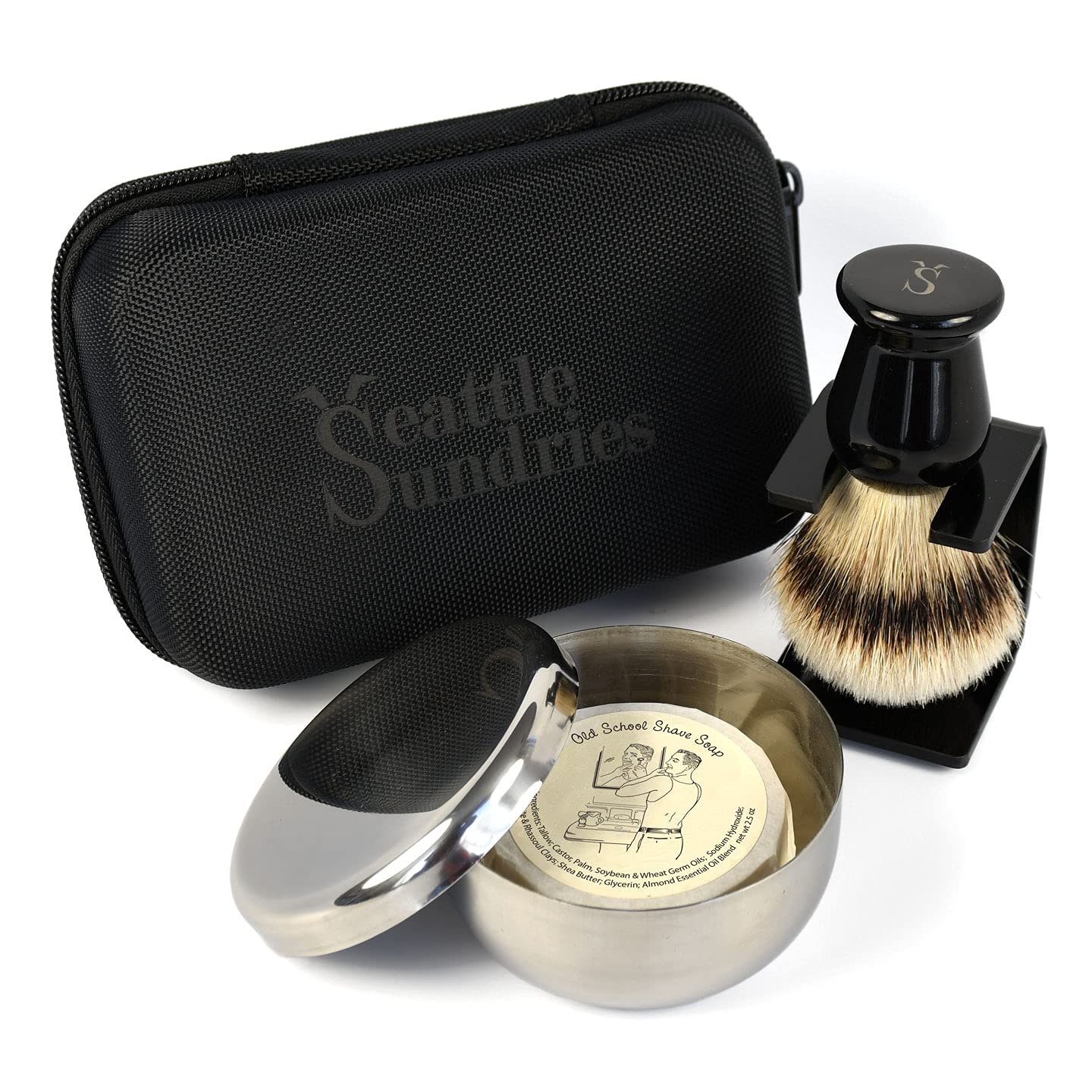 Silvertip Badger Shaving Brush Travel Shave Set for Men with Almond Scented Tallow Shave Soap - Men's Shaving Kit Gift Set from Seattle Sundries