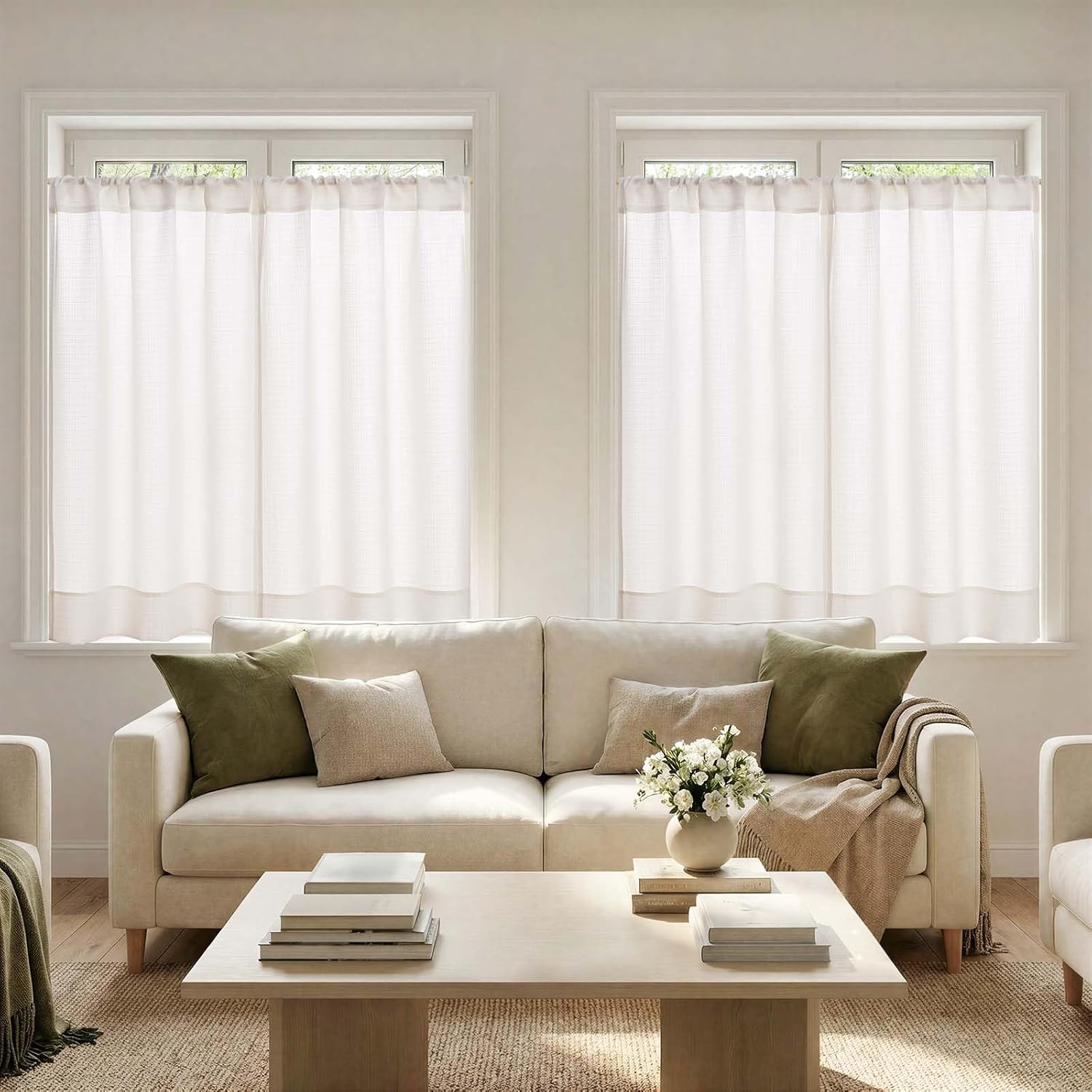 jinchan White Kitchen Curtains 36 Inch Length Textured Short Cafe Curtains Farmhouse Window Treatment Tiers for Bathroom Laundry Room Small Window Light Filtering Rod Pocket 4 Panels