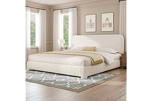 King Size Bed Frame- Boucle Modern Upholstered Platform Bed Frame with Rounded Corners