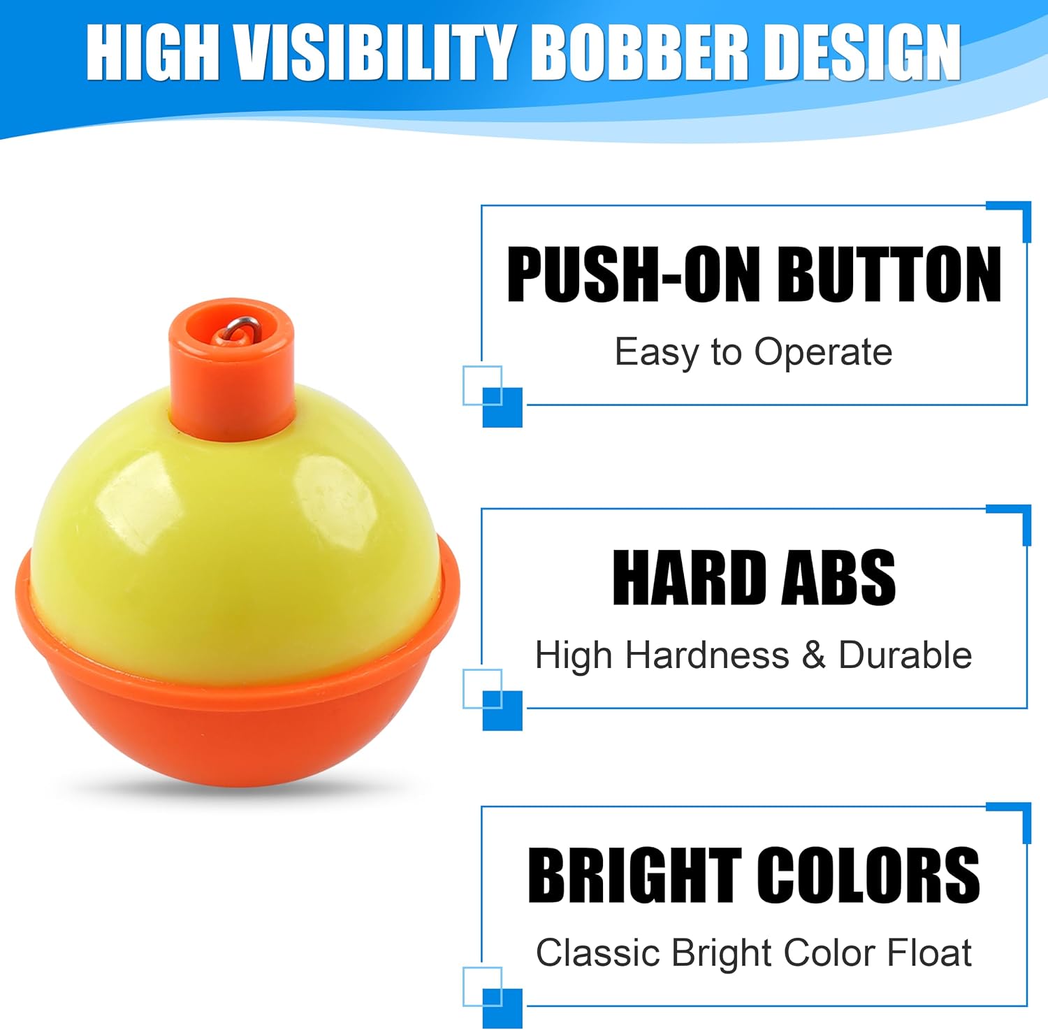 15pcs Fishing Bobbers Hard ABS Floats Snap-on Bobbers for Fishing | Orange and Yellow Push Button Round Buoy Fishing Floats, For Panfish Bass Trout and Party Decoration, 1/1.25/1.5/1.75/2 Inch