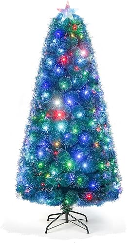 HAPPYGRILL Árbol de Navidad de fibra óptica preiluminado de 6 pies, árbol de Navidad artificial con 185 luces LED multicolor, agujas de pino nevado HAPPYGRILL Árbol de Navidad de fibra óptica preiluminado de 6 pies, árbol de Navidad artificial con 185 luces LED multicolor, agujas de pino nevado
