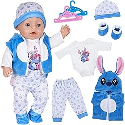 7 Stück Puppenkleidung, Blaue Kleidung Outfit für 35-43 cm Baby Puppen mit Jacke, Oberteil, Hose, Mütze, Socken, 2 Kleiderbügel für 14-18 Zoll Puppen, Baby Zubehör Geschenke für Mädchen Jungen