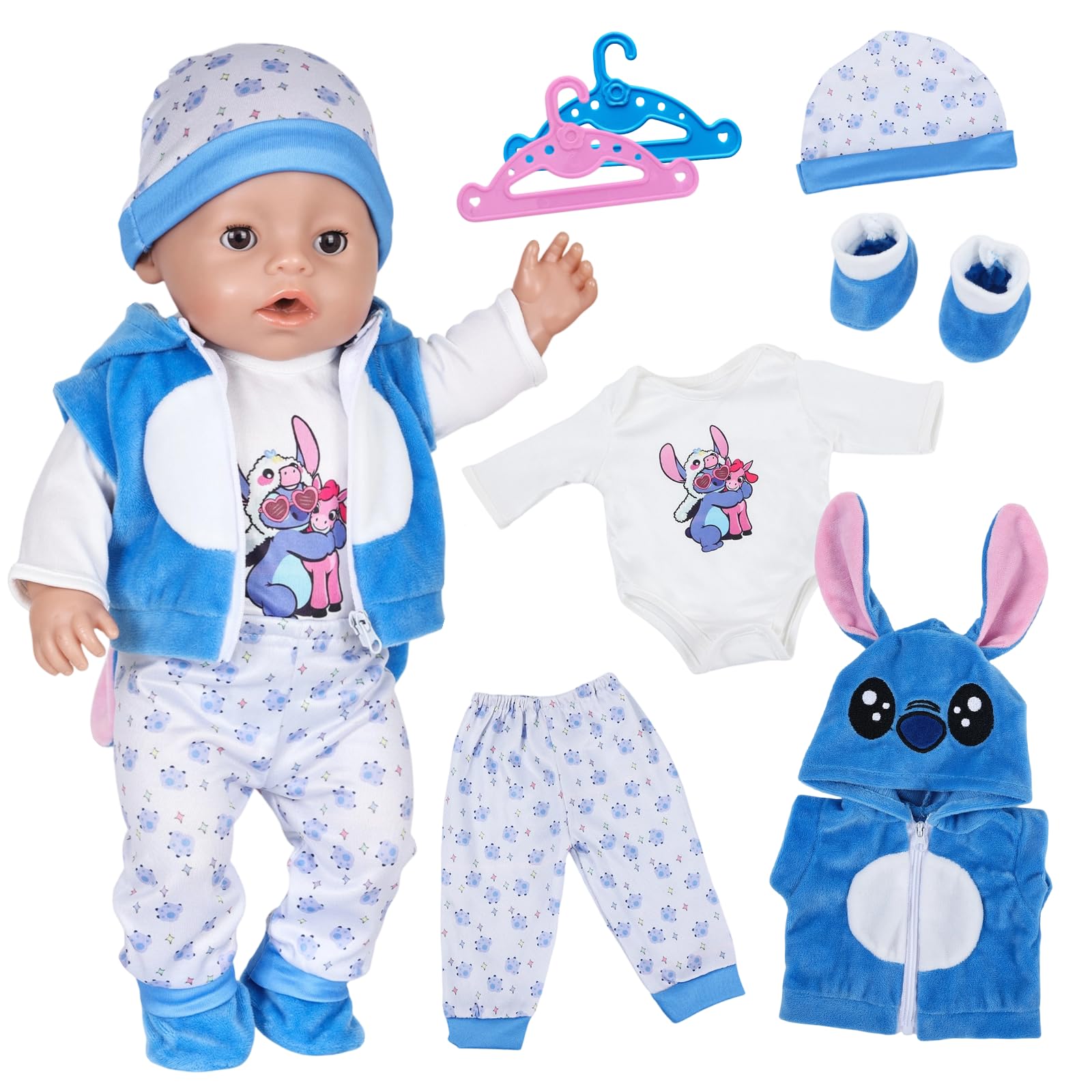 7 Stück Puppenkleidung, Blaue Kleidung Outfit für 35-43 cm Baby Puppen mit Jacke, Oberteil, Hose, Mütze, Socken, 2 Kleiderbügel für 14-18 Zoll Puppen, Baby Zubehör Geschenke für Mädchen Jungen - 1