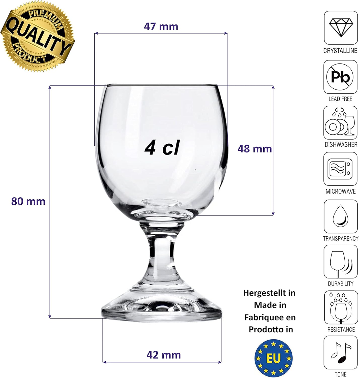 Liqueur Glasses 40 ml - Set of 6 - Shot Glasses for Vodka, Tequila, Gin, Bourbon, Rum, Whisky - With Feet - Dishwasher Safe - Crystal Glass High Quality
