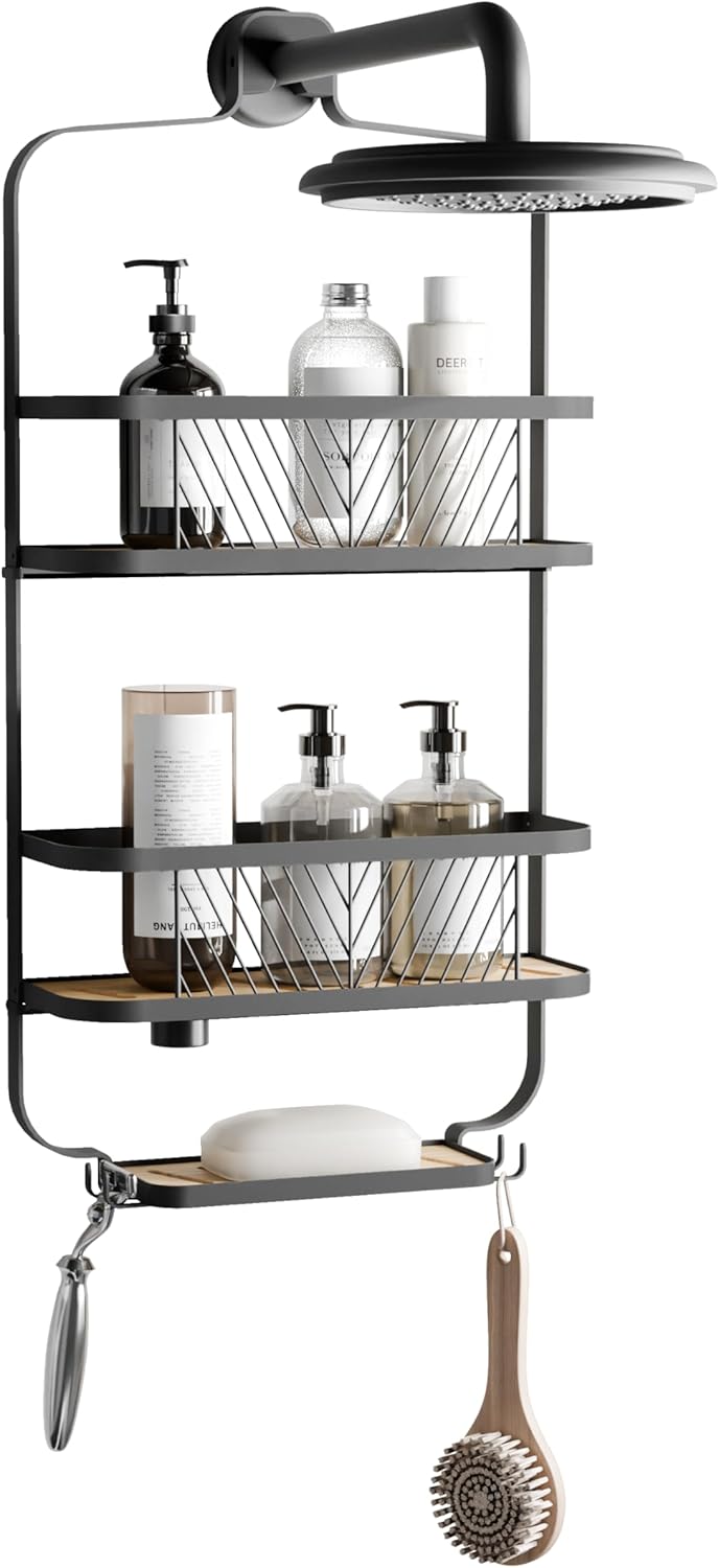 Zenna Home Hanging Shower Caddy, Over The Shower Head Caddy with 2 Bamboo Shelves and Soap Dish, Easy to Install Bathroom Hanging Organizer, Matte Black