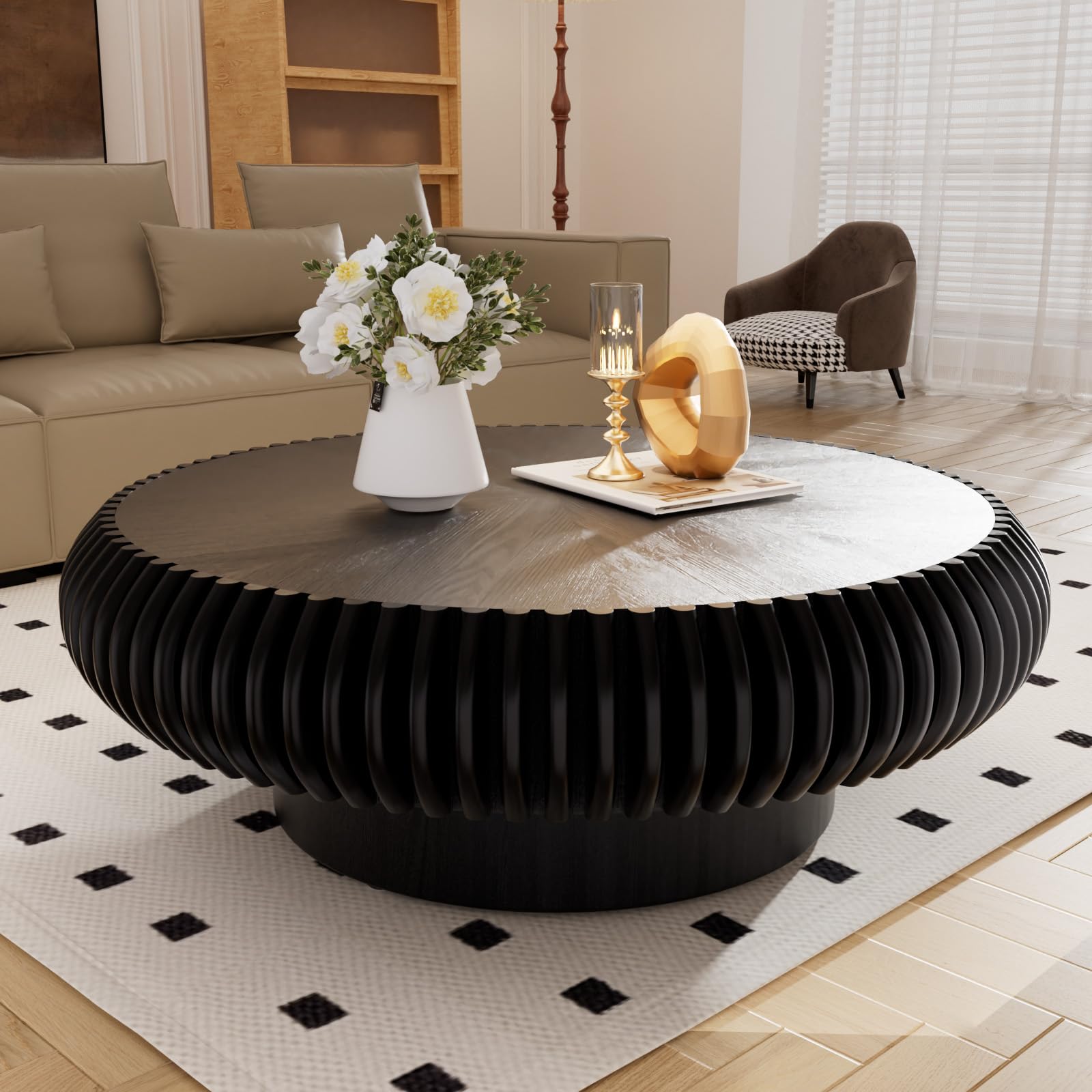 Table Basse Ronde Cannelée en Bois d39.37 Noir