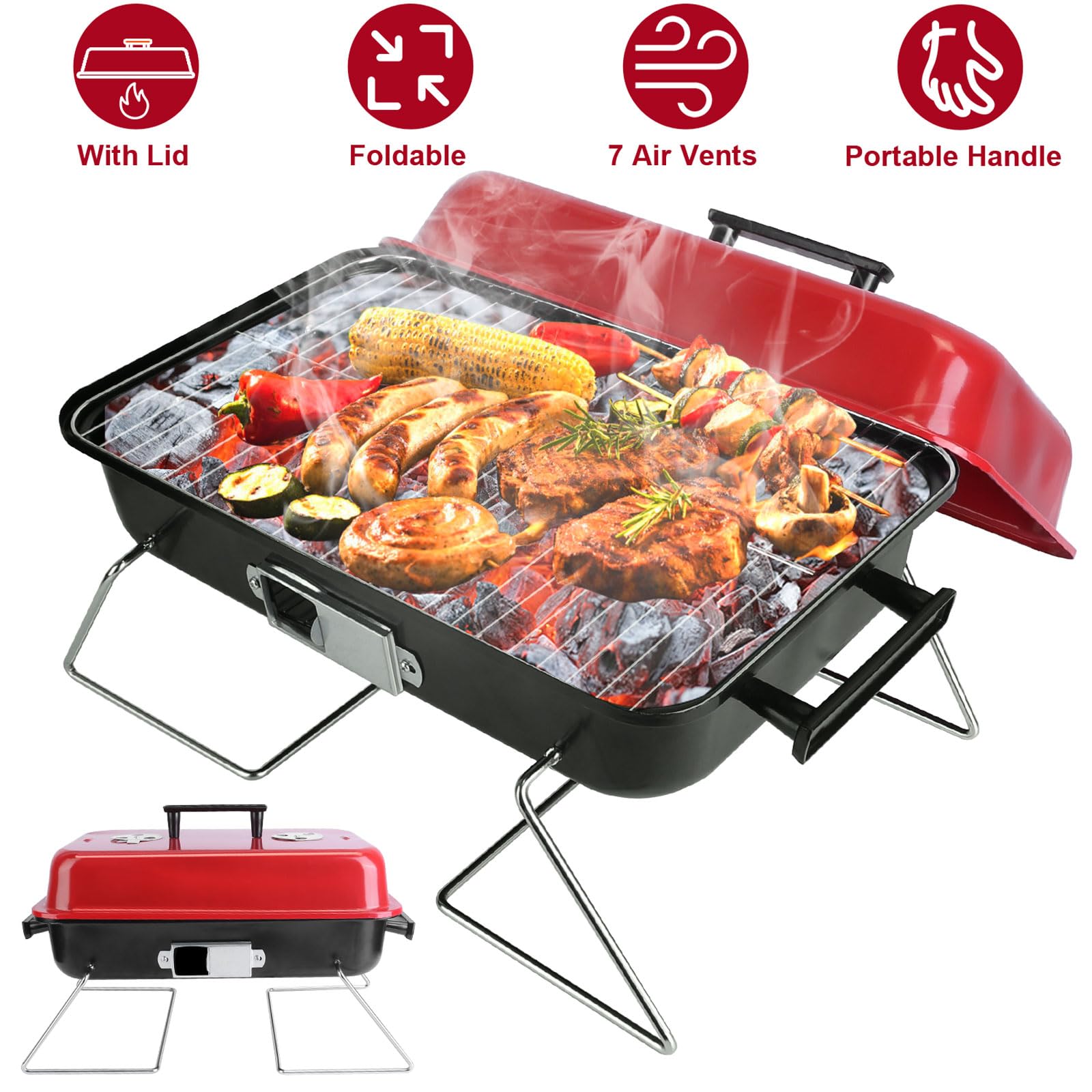 KOCASO Barbecue portatile a carbonella, griglia pieghevole per barbecue, da tavolo con coperchio, griglia da campeggio per esterni, patio, cortile, feste, picnic, spiaggia, viaggi, griglia pieghevole