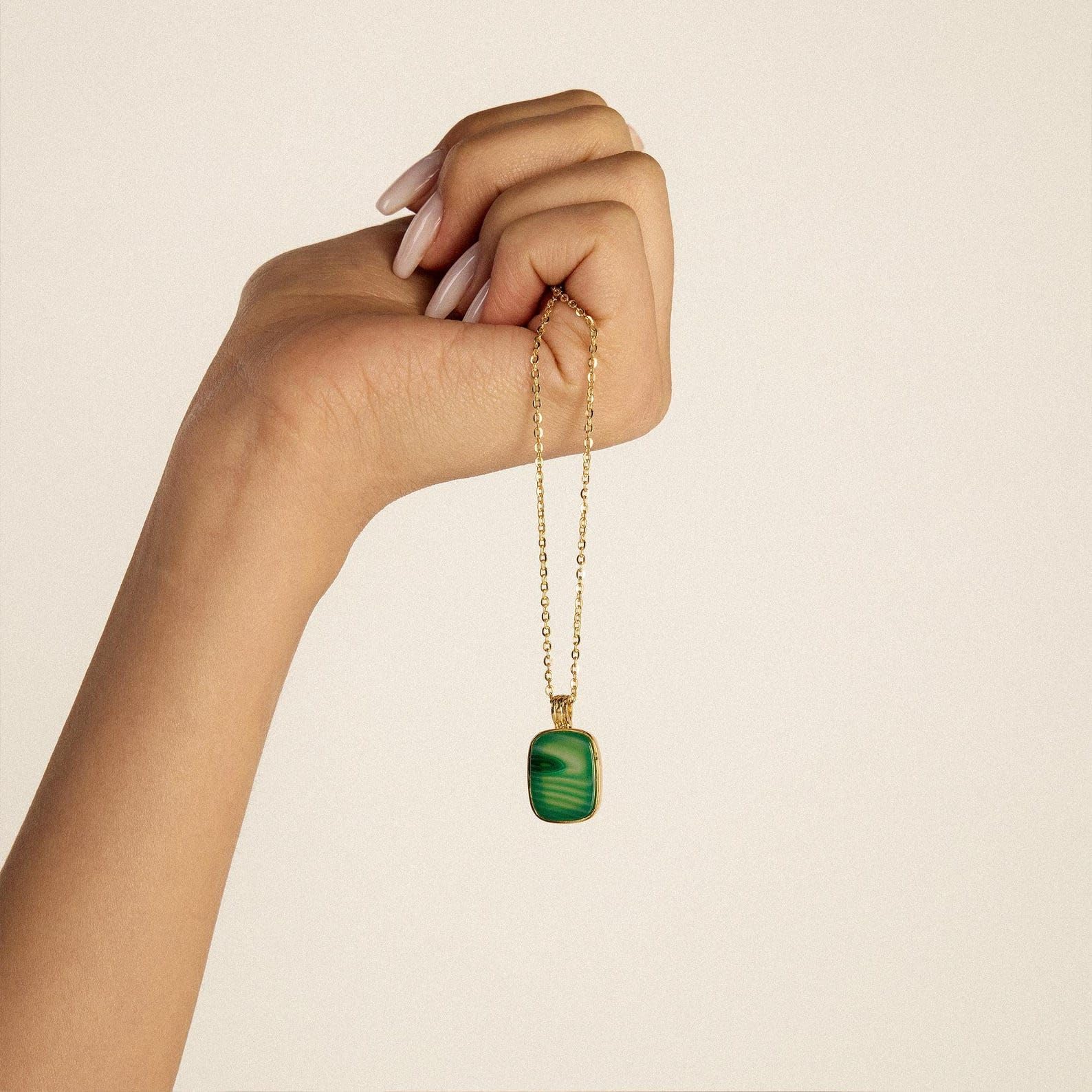 Malachite ciondolo collana, argento Plated verde pietra delicato Rectangle Natale