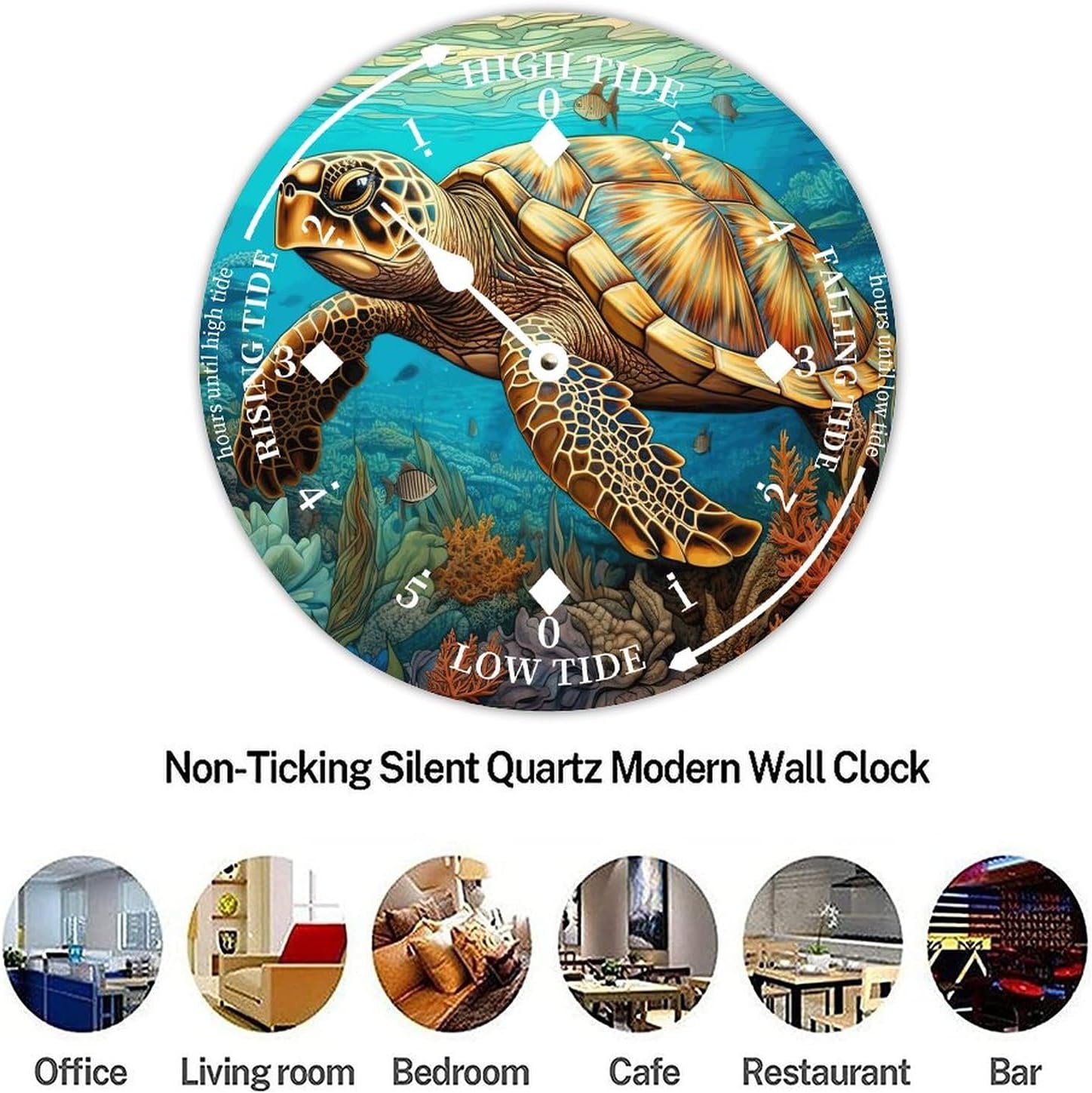 Sea Turtle Tide Clock Silent Non-Ticking Battery Operated Wooden Moon Tidal Clock Wood Wall Art Nautical Tide Movement Clock for Restaurant Living Room Home Decor 15 Inch