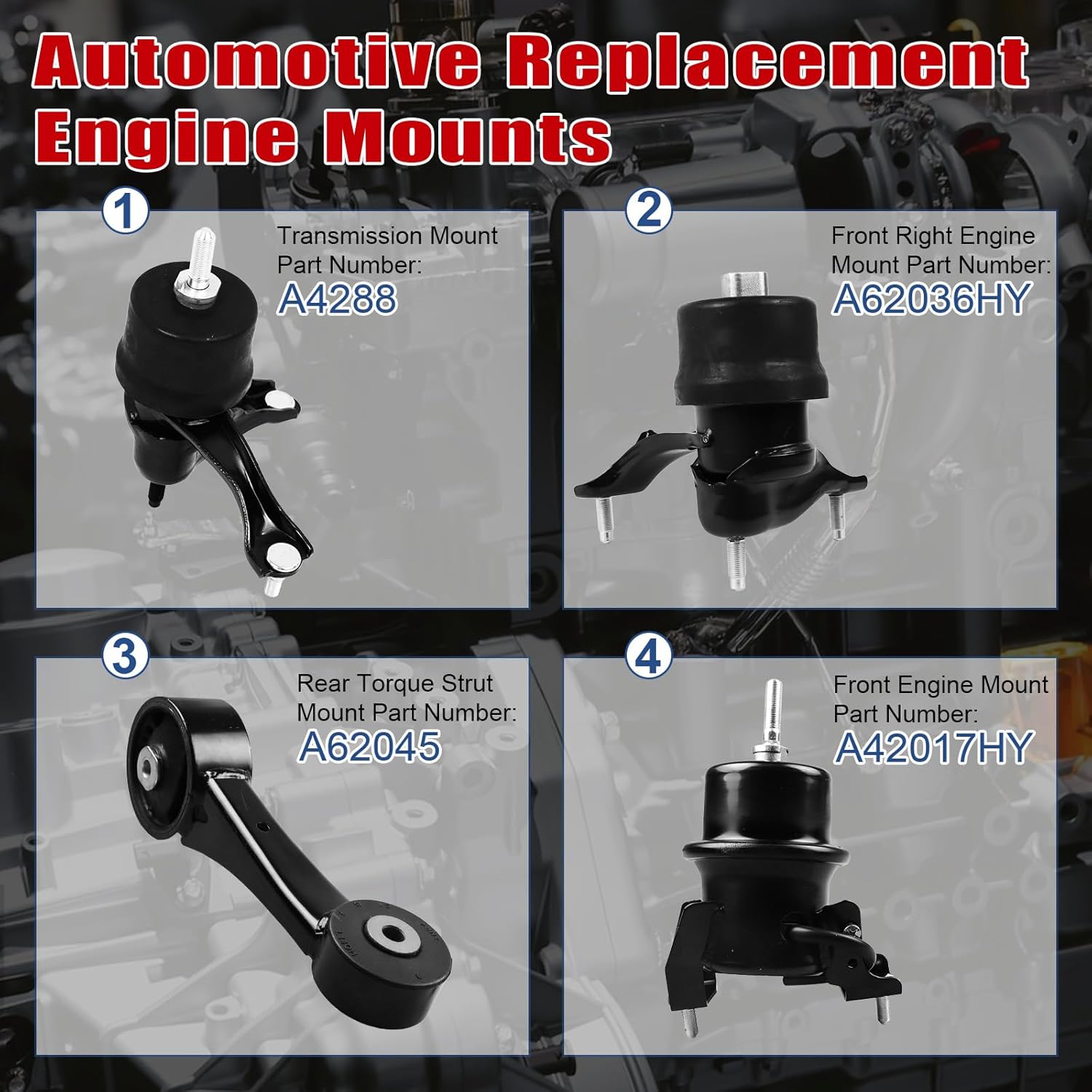 4Pcs Engine Motor Mount Compatible with Toyota Sienna V6 3.5L AWD 2011-2014 Transmission Mount Set, Replace A4288 A42017HY A62045 A62036HY, Black, CA-EM0530