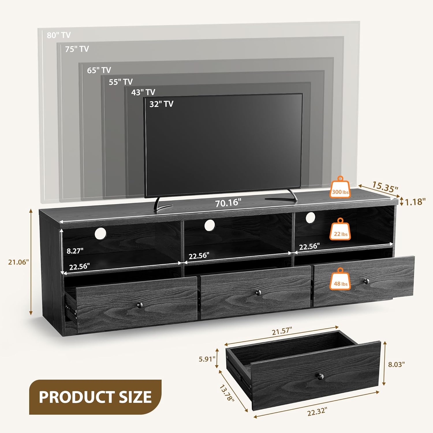 70" TV Stand with Storage Drawer, Entertainment Center for TVs up to 80", Modern TV Stands for Living Room Bedroom