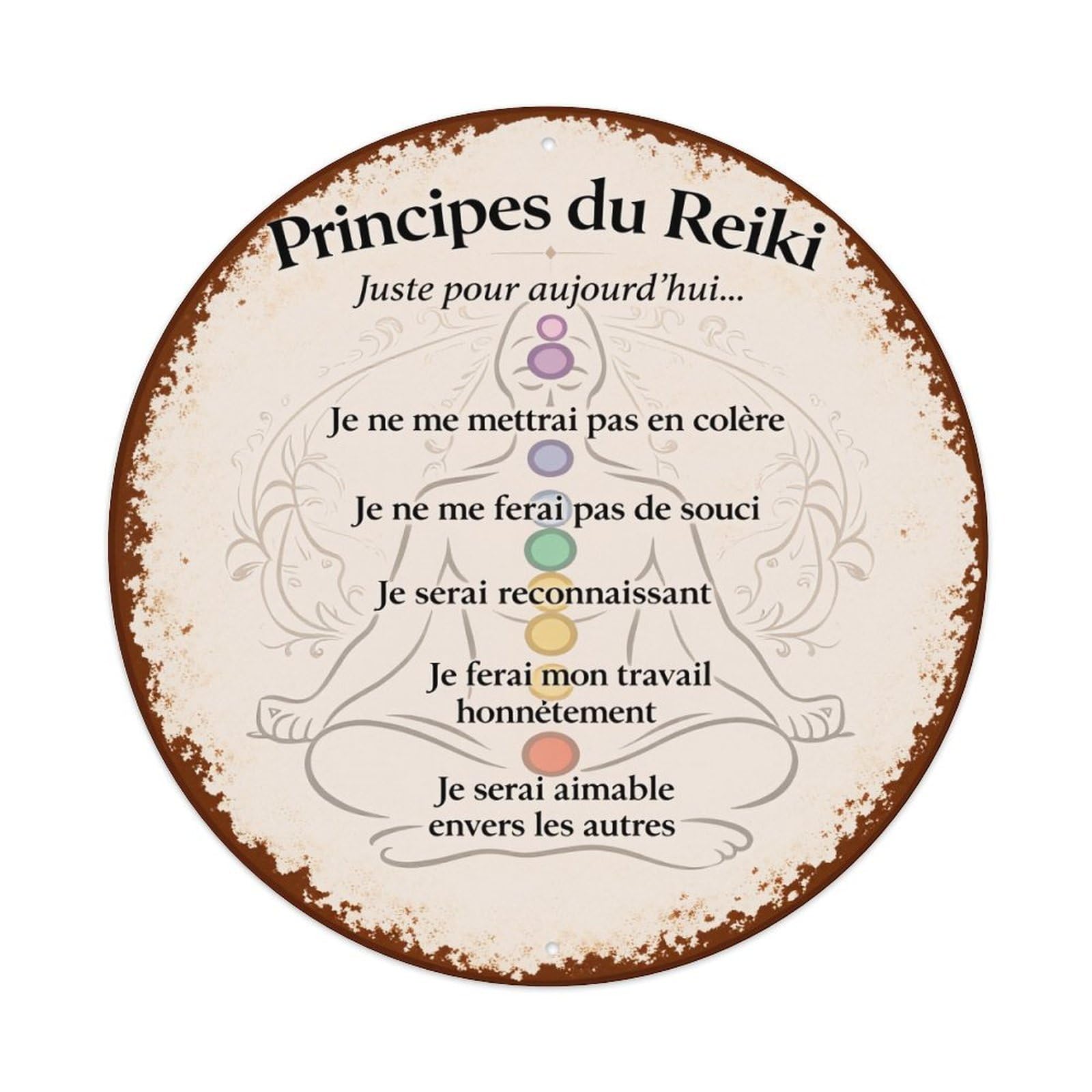 Wmlzdnwr Vintage Principles Of Reiki Meditative Figure With Chakras Round Tin Sign,Retro Wall Art,Metal Poster For Home, Bar, Garage, Cafe, Rustic Indoor & Outdoor Decor, 8X8 Inches