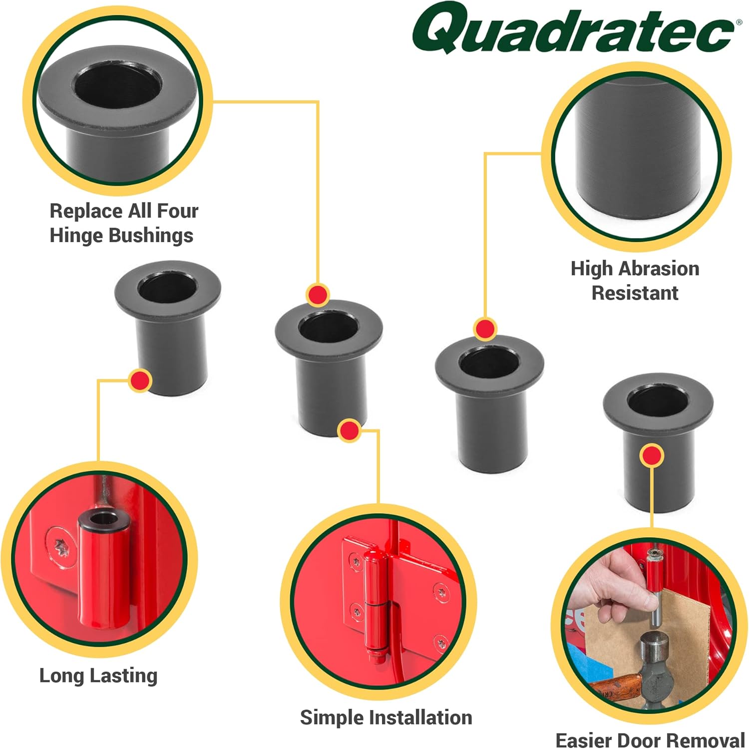 Quadratec Delrin Replacement Door Hinge Bushing Set - Fits Jeep Wrangler YJ 1993-1999 - Synthetic Replacement Bushings - Lasts Longer than Factory Metal Bushings - Replaces All 4 Hinge Bushings