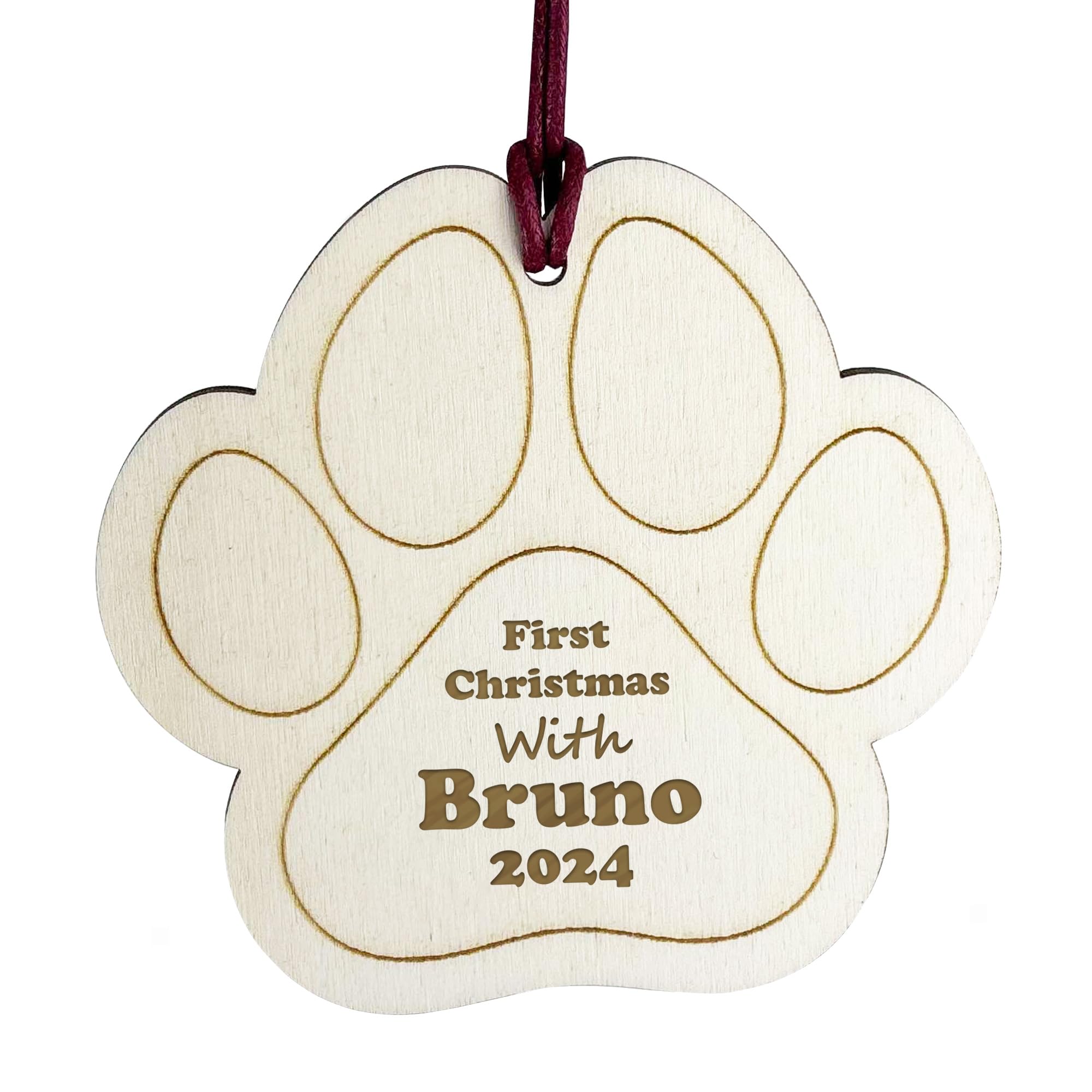 Red Ocean Personalised Dog's First Christmas Engraved Wooden Bauble, Puppy Dog or Pet Xmas Tree Decoration, First Christmas With Pet, Personalised Pet Dog Baubles
