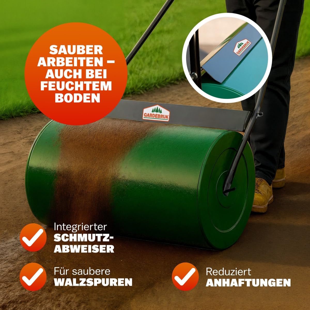 Gardebruk® Rasenwalze 60cm 50L gepolsterter Griff Schmutzabweiser befüllbar Handwalze Rasenroller Gartenwalze Ackerwalze