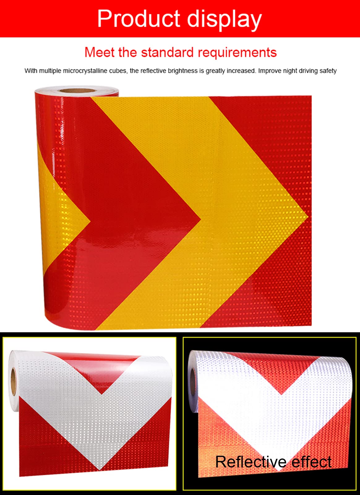 Cinta de señalización de peligro, Cinta amonestadora reflexiva de la seguridad multicolor los 50cm par en longitud 10m o 25m(Red White,10m)