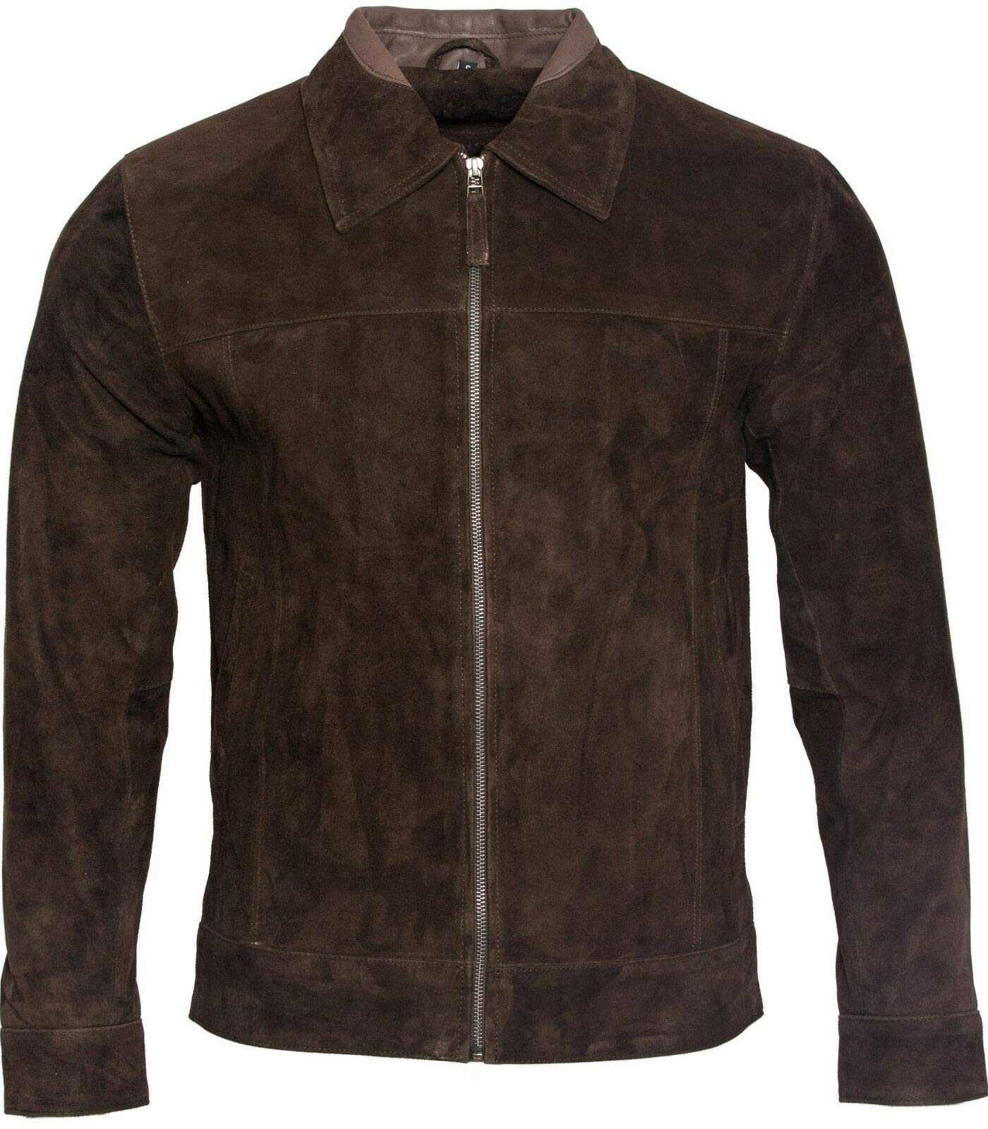 Infinity Leather Men's Brown Retro 100% Goat Suede Leather Harrington Biker Jacket 4XL