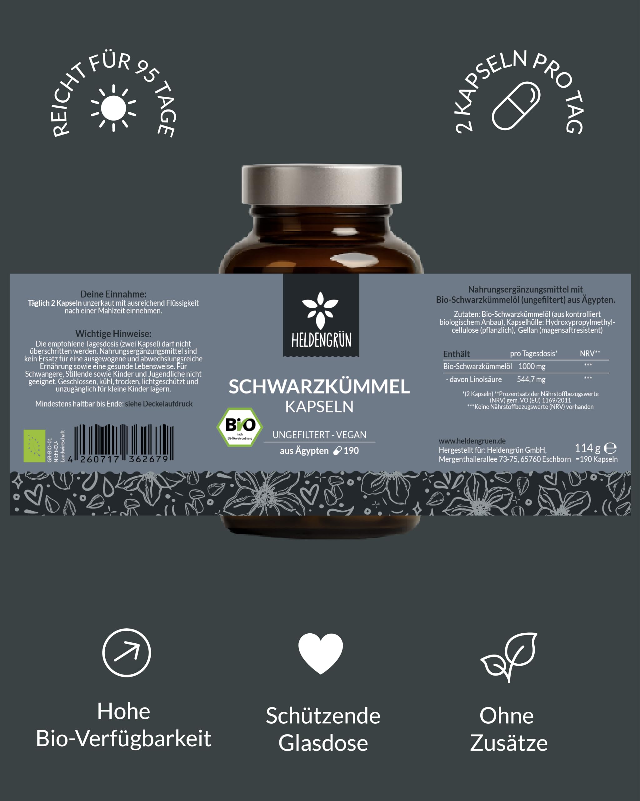 Heldengrün® BIO Schwarzkümmelöl Kapseln [HOCHDOSIERT] 3x190 St. | Kaltgepresst aus Ägypten · 3-Monats-Vorrat pro Dose · Laborgeprüft · vegan & magensaftresistent · Deutsches Startup